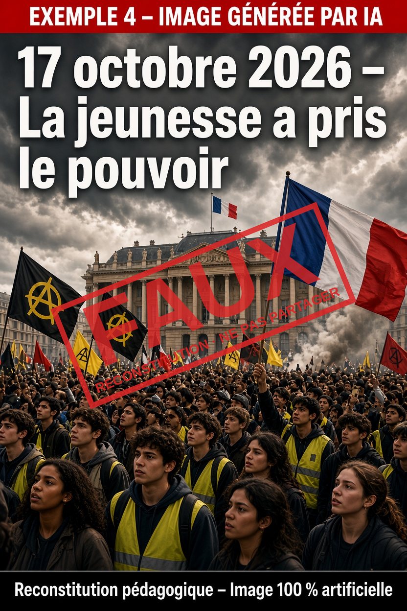 Reconstitution d'une image générée par IA montrant une foule devant un bâtiment officiel, barrée d'un tampon FAUX.