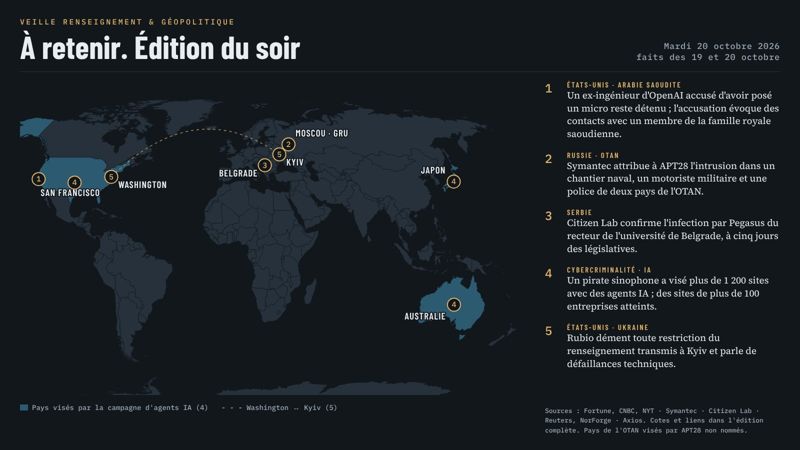 Carte du monde localisant les cinq faits du soir : 1 San Francisco, affaire du micro chez OpenAI ; 2 Moscou, attribution d'une campagne d'espionnage à APT28 contre deux pays de l'OTAN non nommés ; 3 Belgrade, infection par Pegasus du recteur de l'université ; 4 États-Unis, Japon et Australie en surbrillance, pays visés par une campagne de piratage menée avec des agents IA ; 5 Washington et Kyiv reliés par un trait, différend sur le partage de renseignement.