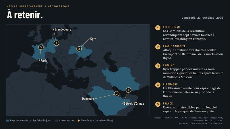 Carte de l’Europe au golfe Persique situant les cinq faits du jour : 1 détroit d’Ormuz, 2 Dammam en Arabie saoudite, 3 Kyiv, 4 Brandebourg en Allemagne, 5 Paris ; Iran, Arabie saoudite, Ukraine, Allemagne et France surlignés.