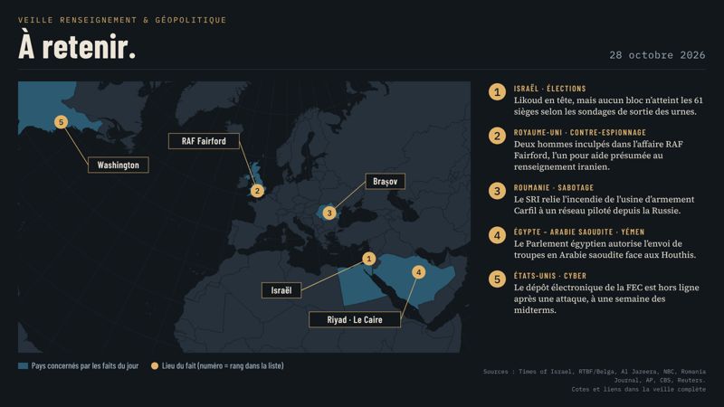 Carte de l’Europe, du Proche-Orient et de l’Atlantique Nord avec cinq marqueurs numérotés : 1 Israël (élections), 2 RAF Fairford au Royaume-Uni (inculpations), 3 Brașov en Roumanie (sabotage), 4 Riyad et Le Caire (troupes égyptiennes contre les Houthis), 5 Washington (cyberattaque contre la FEC).